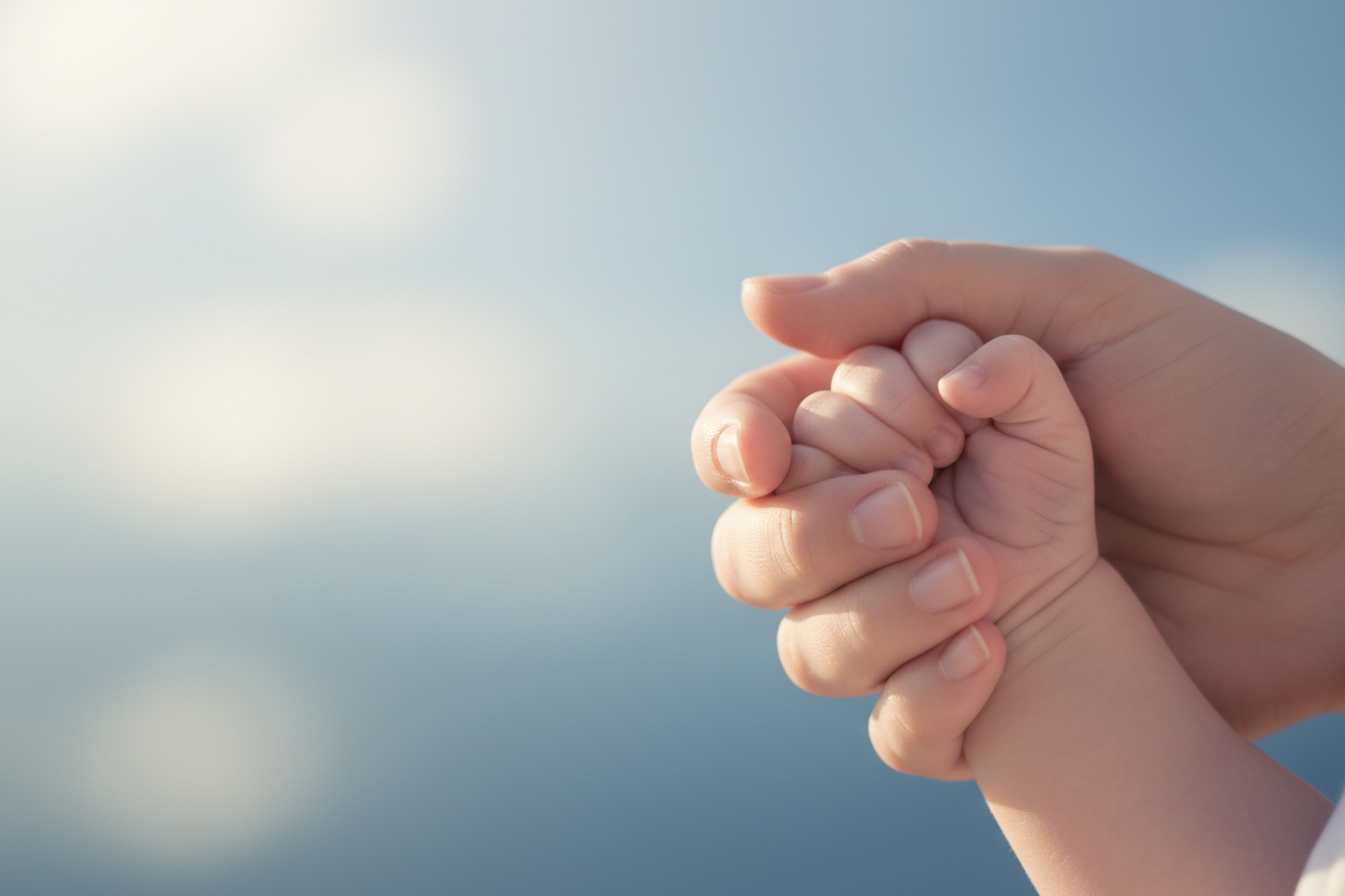 A soft, close‑up shot of a mother gently holding her baby’s tiny hand. Warm, natural lighting with a calm blue‑toned colour palette, inspired by soft daylight on a clear morning. Background softly blurred with cool, gentle blues and subtle neutral highlights. The focus is on the emotional connection and tenderness between mum and baby. Calm, nurturing, modern, and minimal enough to sit behind text on an ecommerce homepage.